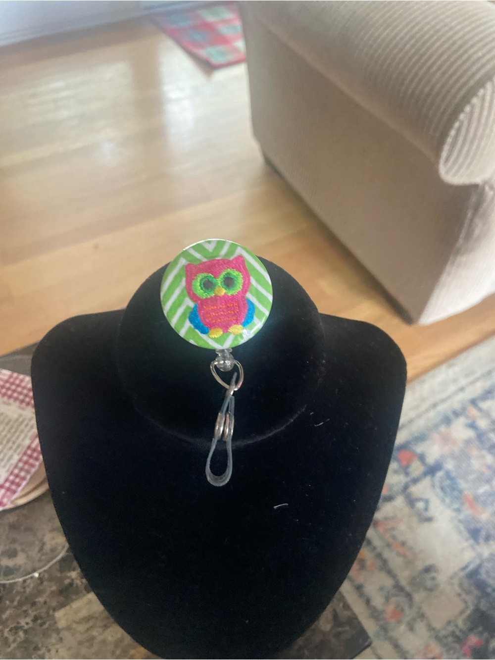Cute Owl Badge Reel with Green Stripes